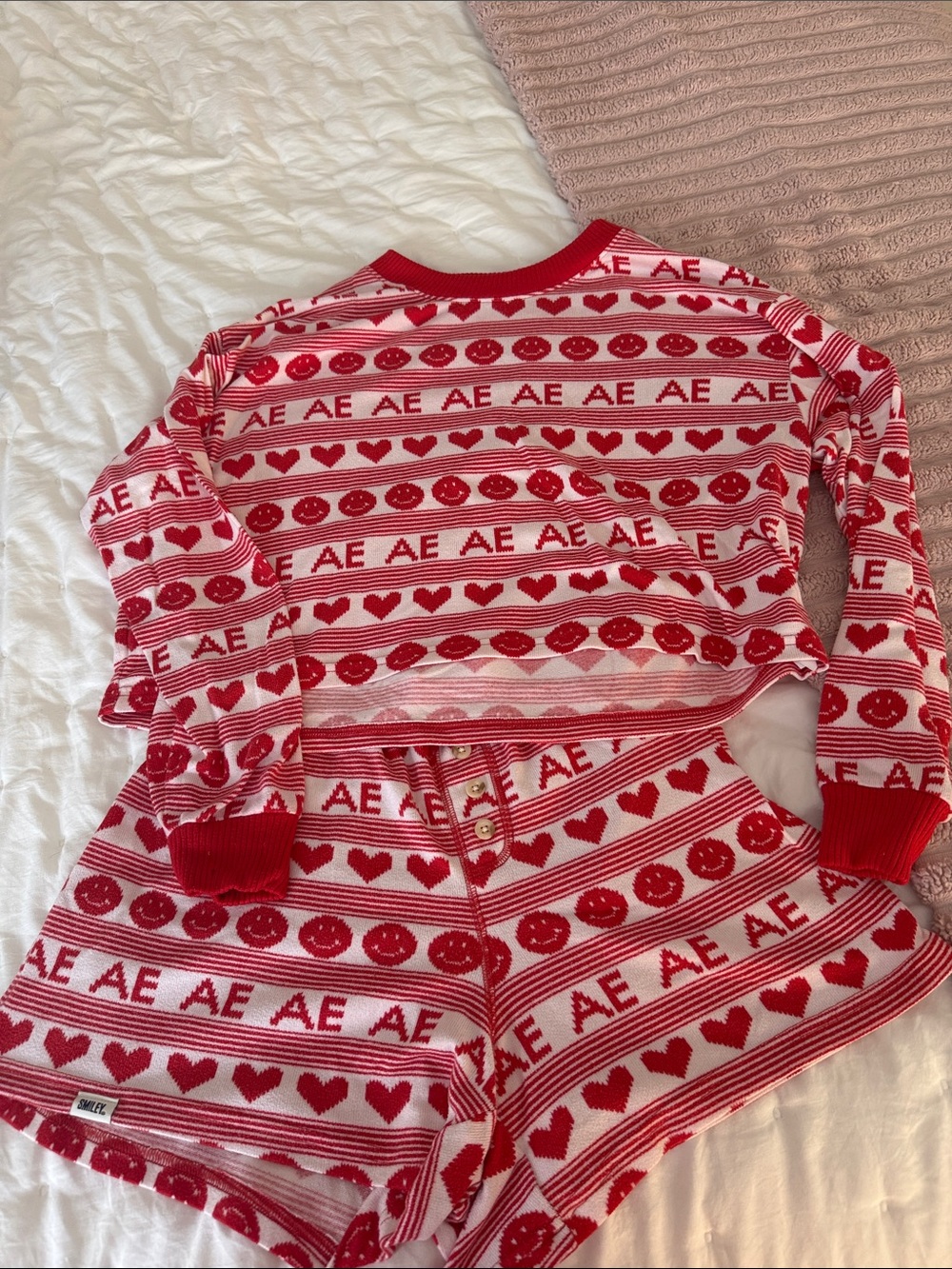 American Eagle Outfitters Red & White Heart and Smile Pajama Set